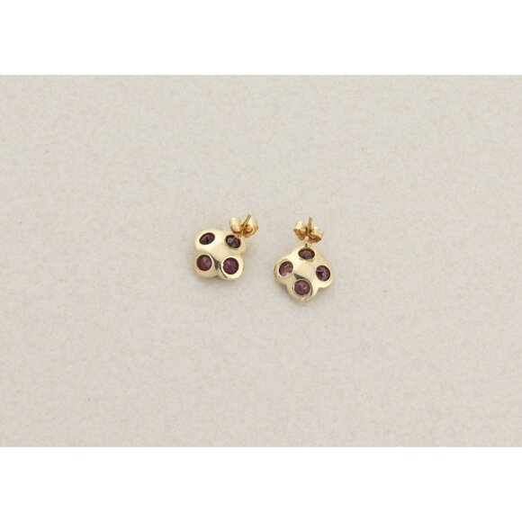 14k Yellow Gold Natural Rhodolite Garnet Flower Earrings Stud Post 3/8" inch - Picture 5 of 8